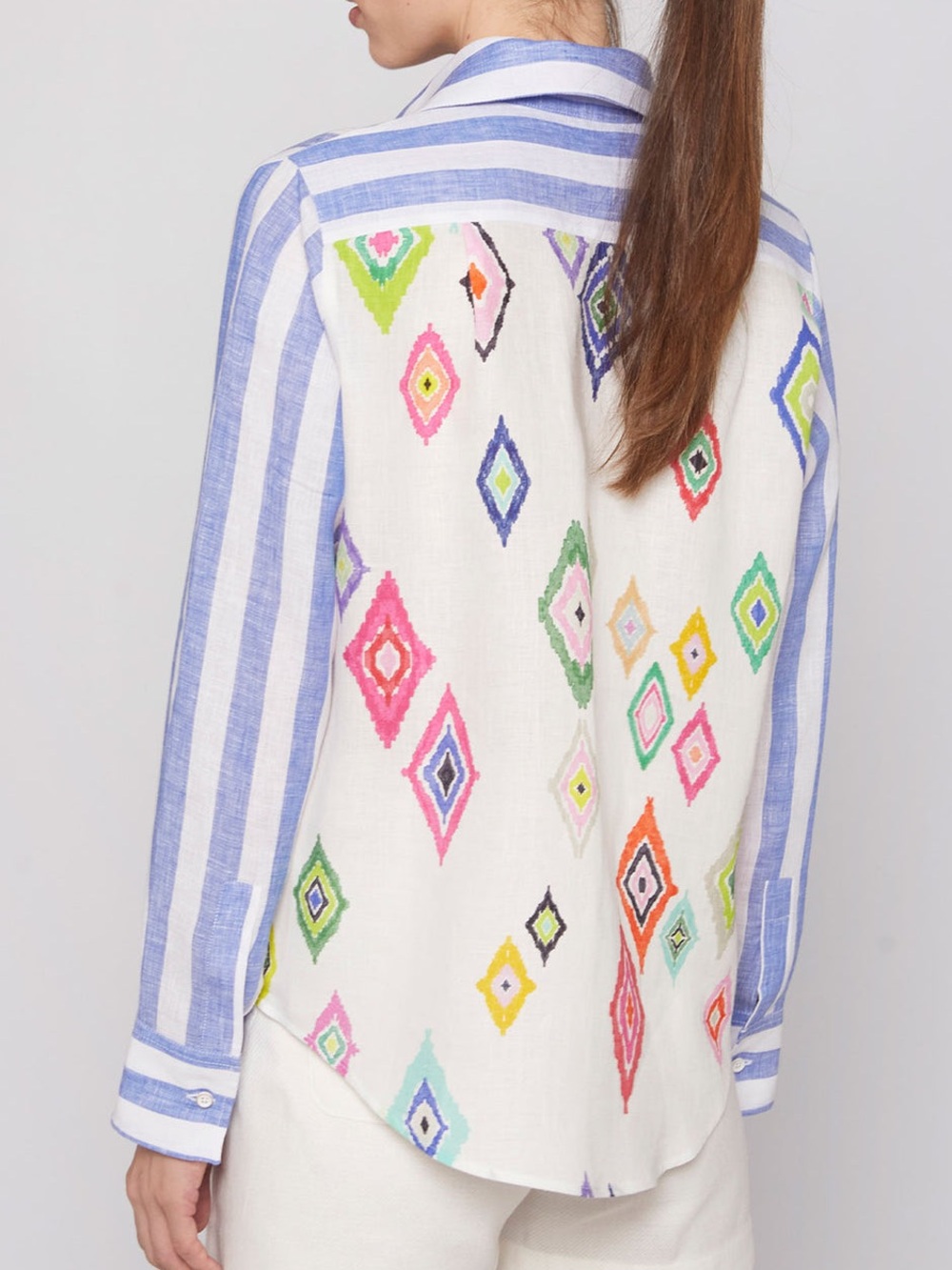 Vilagallo Mafalda 100% Linen Button-Down Blouse- Blue Stripe & Diamond Back Top